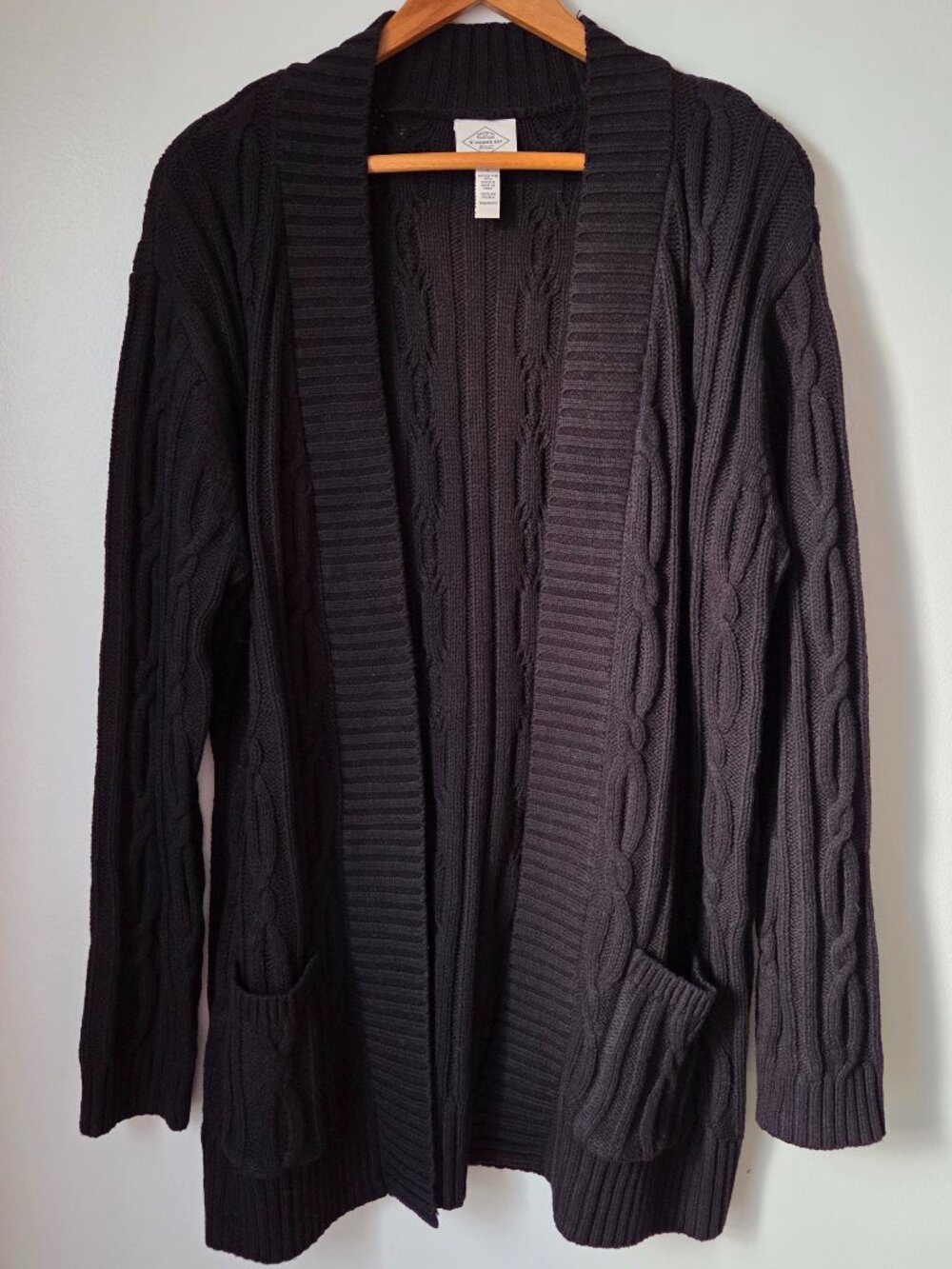 EUC ST JOHN'S BAY BLACK COTTON BLEND CHUNKY OPEN SWEATER CARDIGAN SIZE L